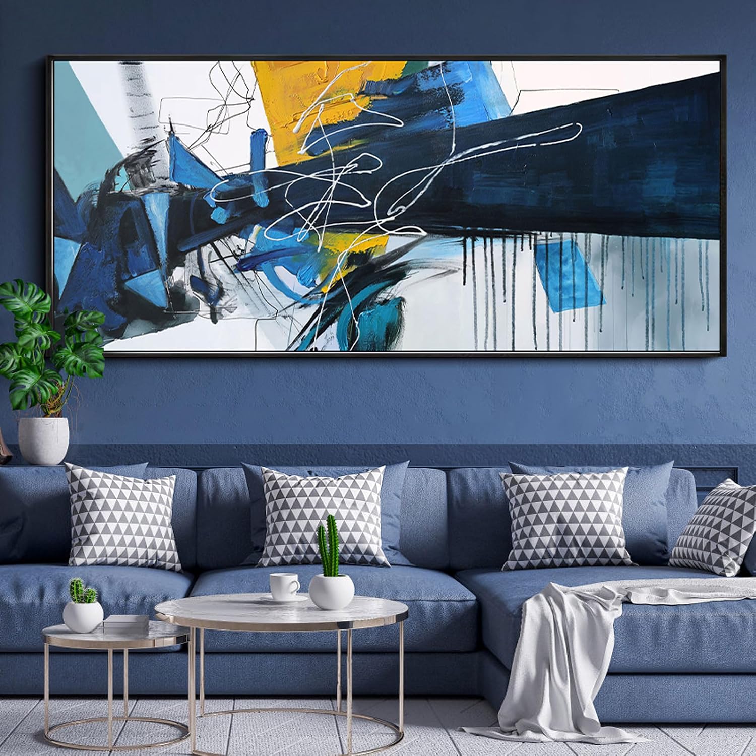 KLAKLA Wall Art for Living Room - Blue Abstract Canvas Pictures Framed Artwork for walls Extra Large Prints for Bedroom Above the Bed Decor 70x31 Inches