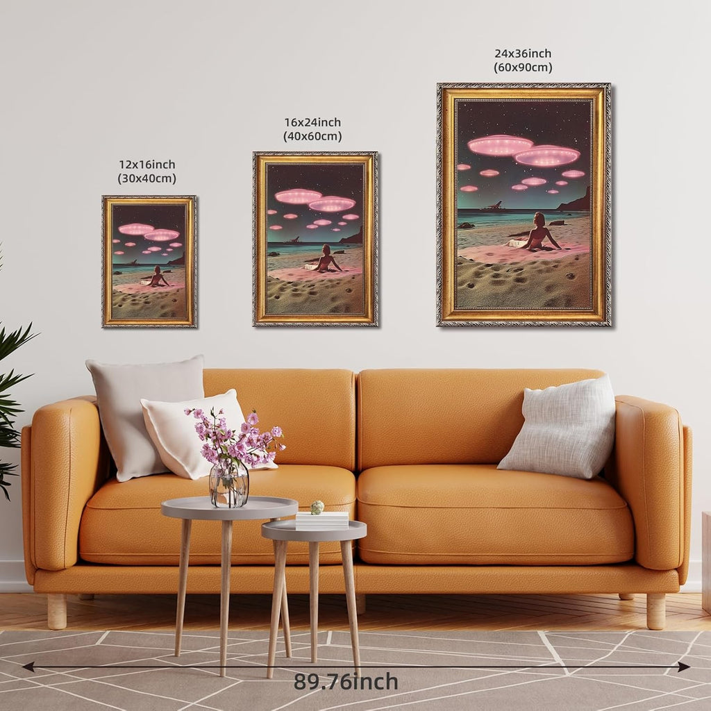 Retro UFO Beach Wall Art Canvas Print Surreal Alien Seaside Encounter Poster Painting Vintage Sci-Fi Artwork Framed Eclectic Trippy Spaceship Picture Wall Decor for Living Room Office Cafe 24x36inch