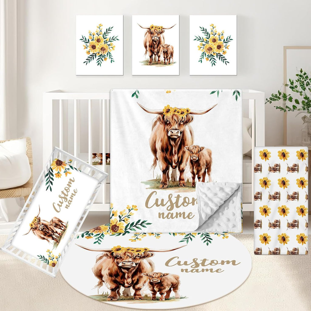 KAINSY Personalized Baby Crib Bedding Set, 5 Pcs Custom Name Bedding Set, Double Layer Nursery Bedding Set for Boy Girl, Highland Cow Baby Crib Set, Gift for Toddlers Infants New Parents