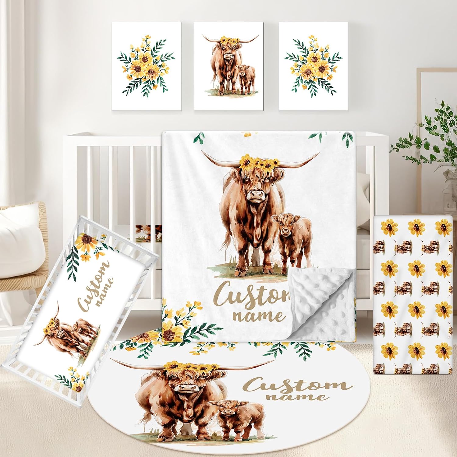 KAINSY Personalized Baby Crib Bedding Set, 5 Pcs Custom Name Bedding Set, Double Layer Nursery Bedding Set for Boy Girl, Highland Cow Baby Crib Set, Gift for Toddlers Infants New Parents