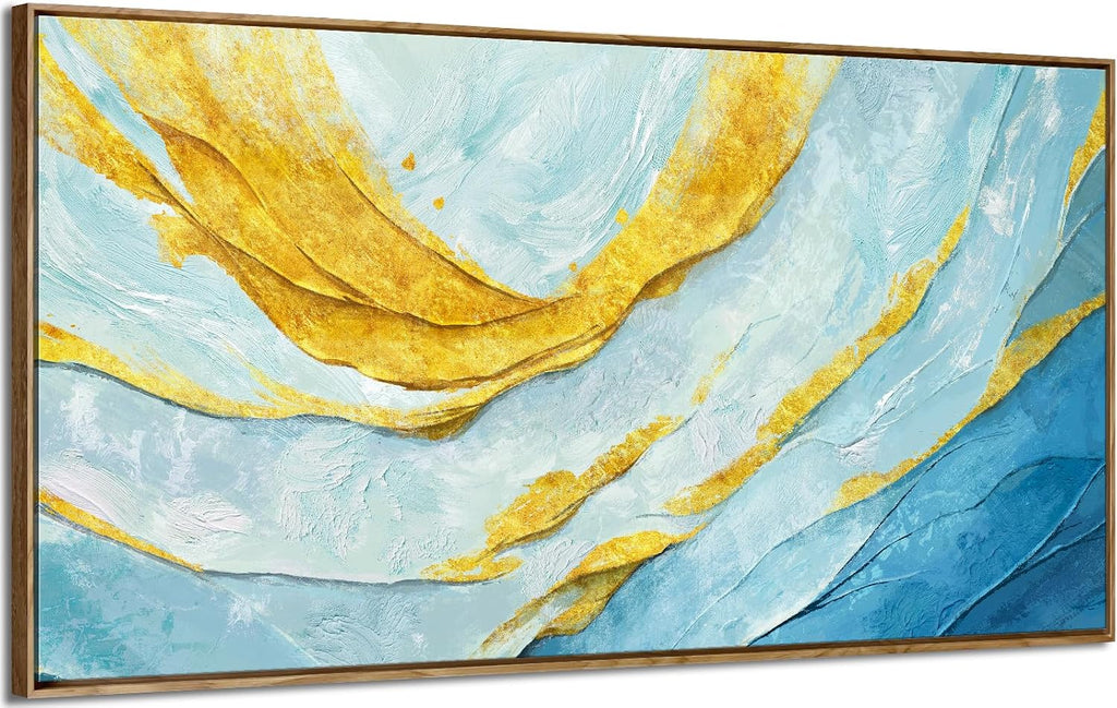 Nicetop Framed Abstract Wall Art for Living Room– Large Size Coastal Canvas Print Modern Picture Horizontal Blue and Gold Artwork with Wood Frame for Bedroom Home Office Aesthetic Decor 48x24 Inch