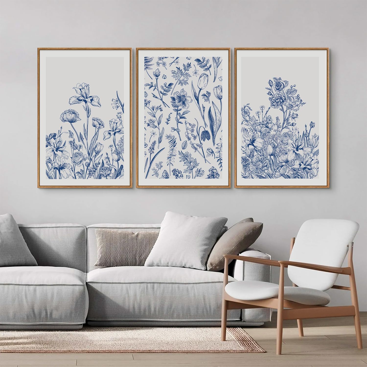 SIGNINART Classic Chinoiserie Framed Canvas Wall Art Set, Blue and White Floral Art Painting, Minimalist Botanical Flower Artwork, Navy Blue Wall Decor for Bedroom, Living Room, Office 24'x36'x3
