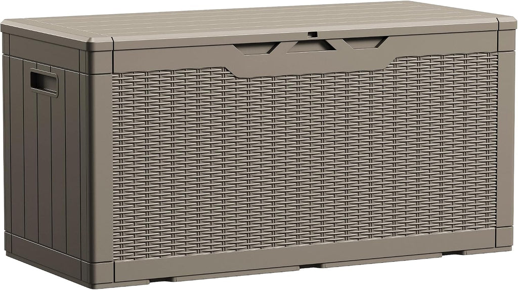 Devoko 100 Gallon Waterproof Large Resin Deck Box Indoor Outdoor Lockable Storage Container for Patio Furniture Cushions Garden Tools (100 Gallon, Light Brown)