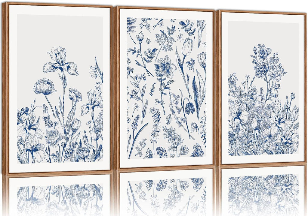 SIGNINART Classic Chinoiserie Framed Canvas Wall Art Set, Blue and White Floral Art Painting, Minimalist Botanical Flower Artwork, Navy Blue Wall Decor for Bedroom, Living Room, Office 24'x36'x3