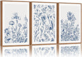 SIGNINART Classic Chinoiserie Framed Canvas Wall Art Set, Blue and White Floral Art Painting, Minimalist Botanical Flower Artwork, Navy Blue Wall Decor for Bedroom, Living Room, Office 24'x36'x3