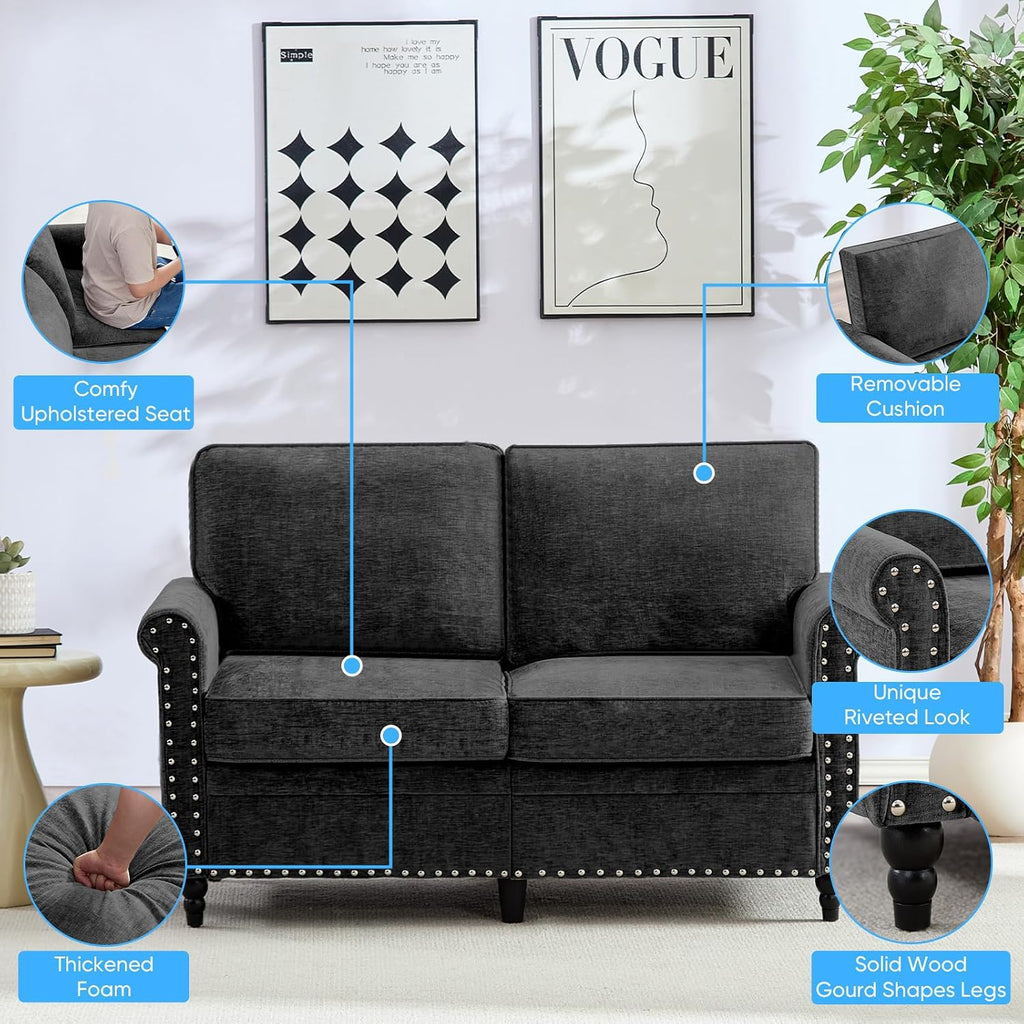 Mjkone 54' Chenille Sofa Couch, Living Room Loveseat Sofa with Wood Frame, Gourd Shape Wood Legs, 6.7' Thickened Soft Cushion, Rivet Design, Mid Century Modern Couch for Small Spaces, Apartment, Black