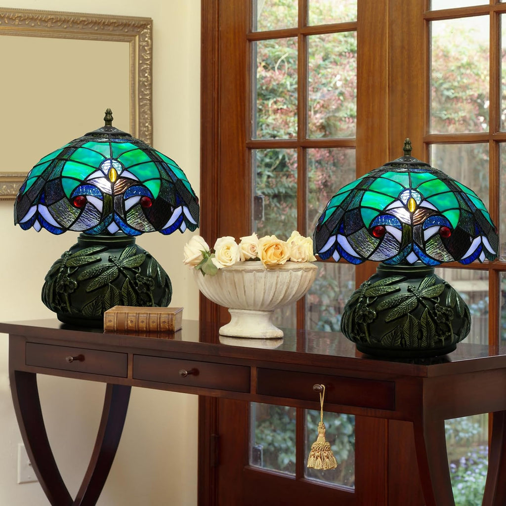 Tiffany Style Table Lamp Dragonfly, Small Stained Glass Lamp for Bedside, Bedroom, Nightstand, Living Room, 12 Inch Mini Vintage Mushroom Desk Lights Included E26 LED with Remote Control