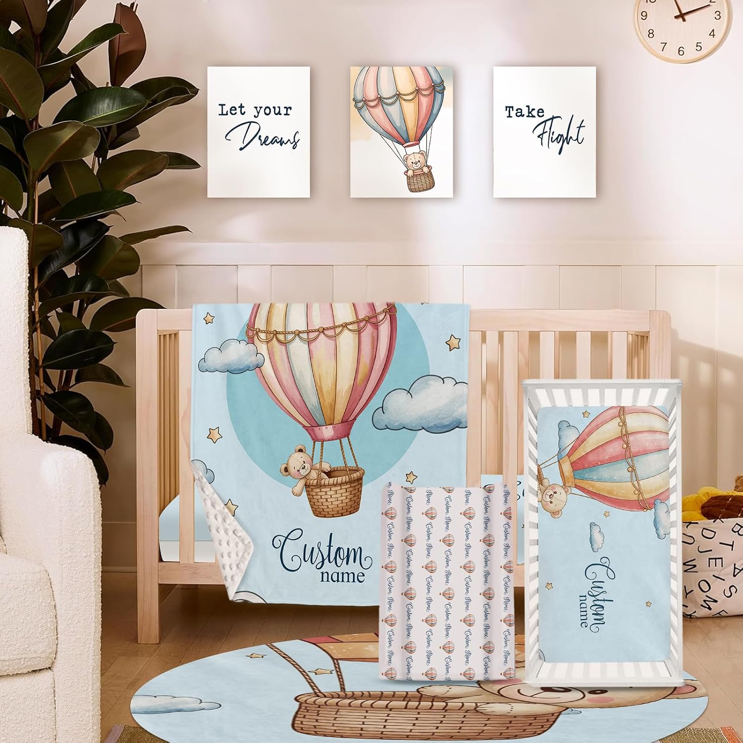 Personalized Crib Bedding Set for Baby Boys Girls, Custom Name Baby Crib Sets 5-Pcs - Toddler Double Layer Blanket Fitted Sheet Changing Pad Cover Rug Wall Art Set, Hot Air Balloon Theme Nursery Décor