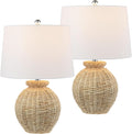 JONATHAN Y 22' Brown Rattan Rustic Coastal Table Lamp Set of 2, Woven Wicker Globe Base with White Linen Shade for Living Room Bedroom, UL Listed, LED Bulbs Included JYL4050A-SET2
