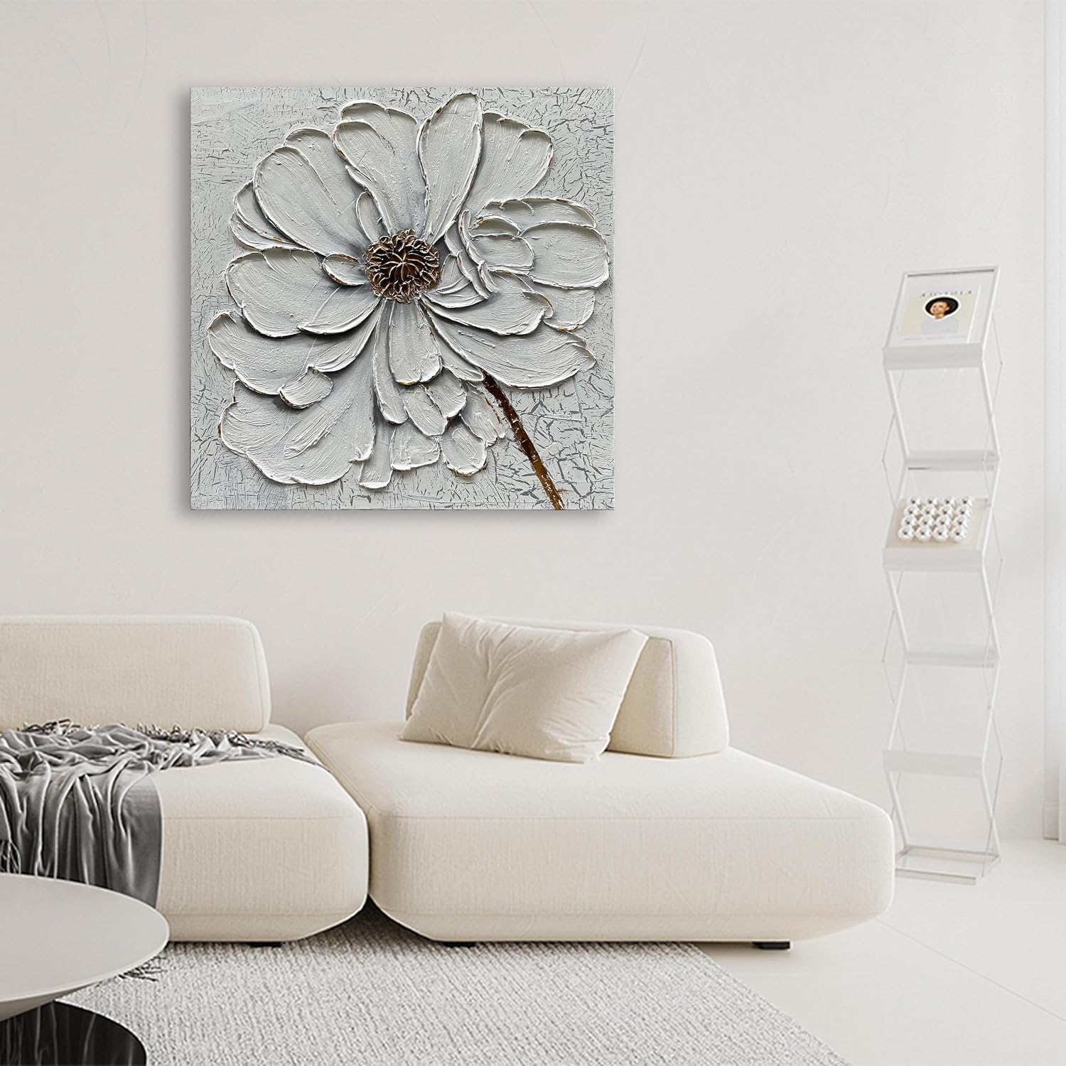 Hand Painted White Flower Texture Art 36x36 Inch Abstract Home Wall Decoration Art