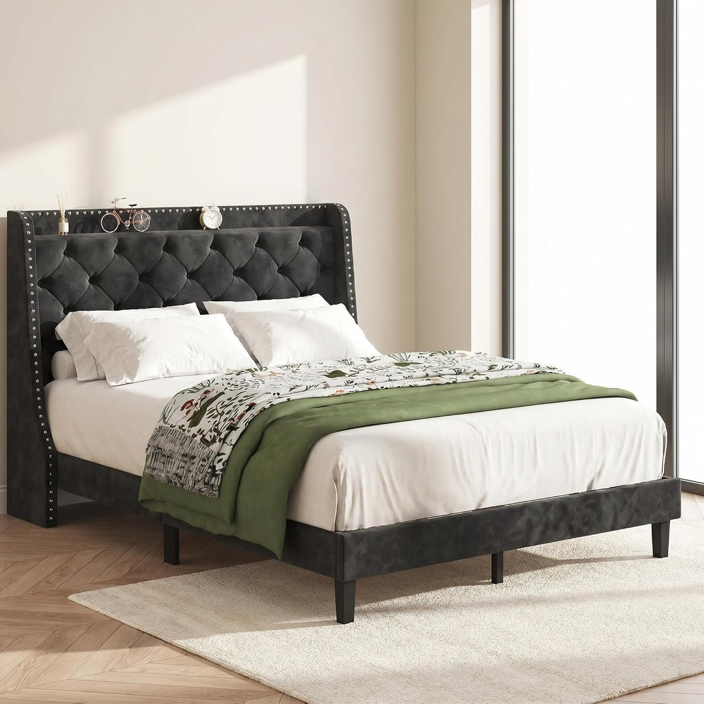 SUNLEI Queen Bed Frame with Storage Headboard, Velvet Upholstered Platform Bed Frame with Wingback Tufted Headboard, Noise Free Wood Slat Support, No Box Spring Needed, Easy Assembly, Black