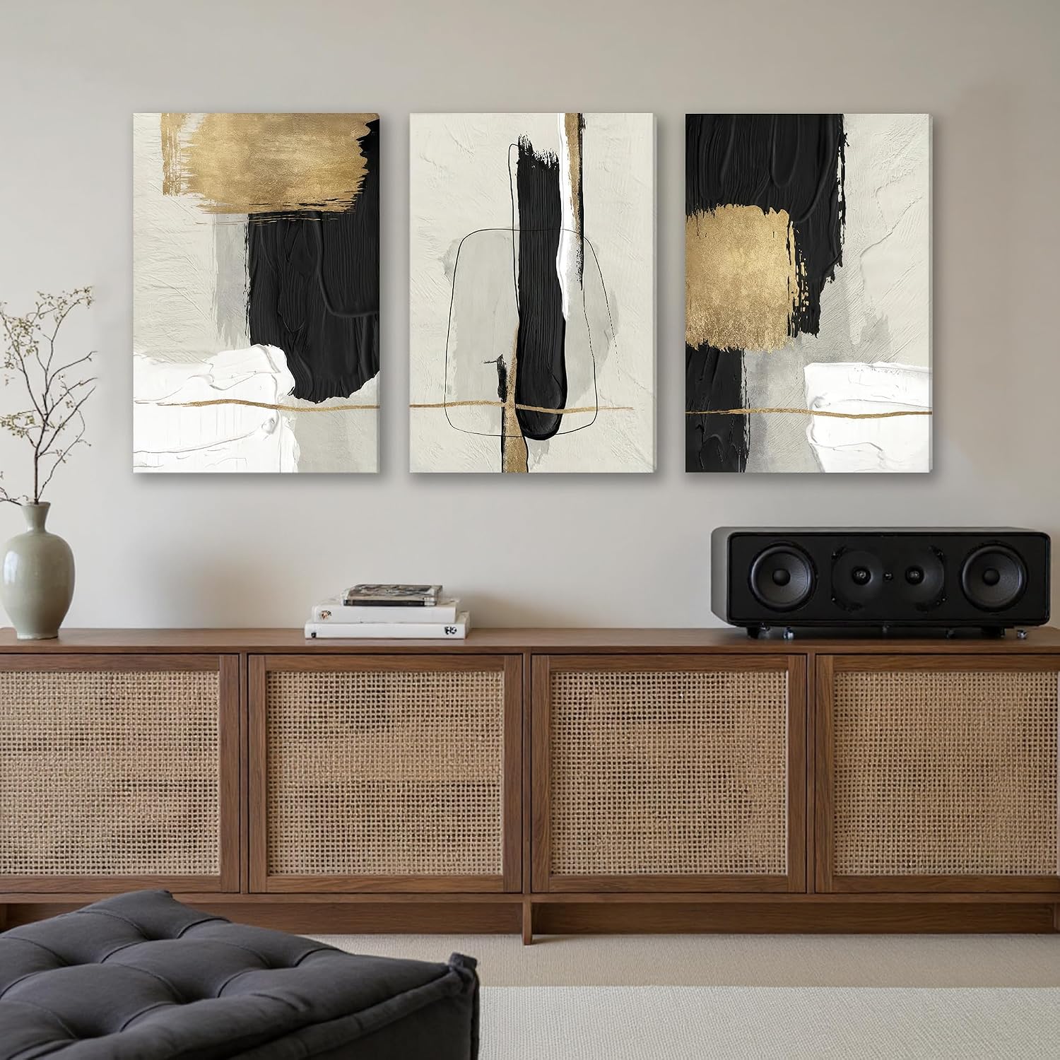 DUWQU 3 Pieces Large Black and Gold Abstract Canvas Wall Art, Modern Black Gold and White Art Wall Decor, Minimalist Grey Beige Block Prints for Living Room Bedroom Office Home Decorations 20×30 Inches