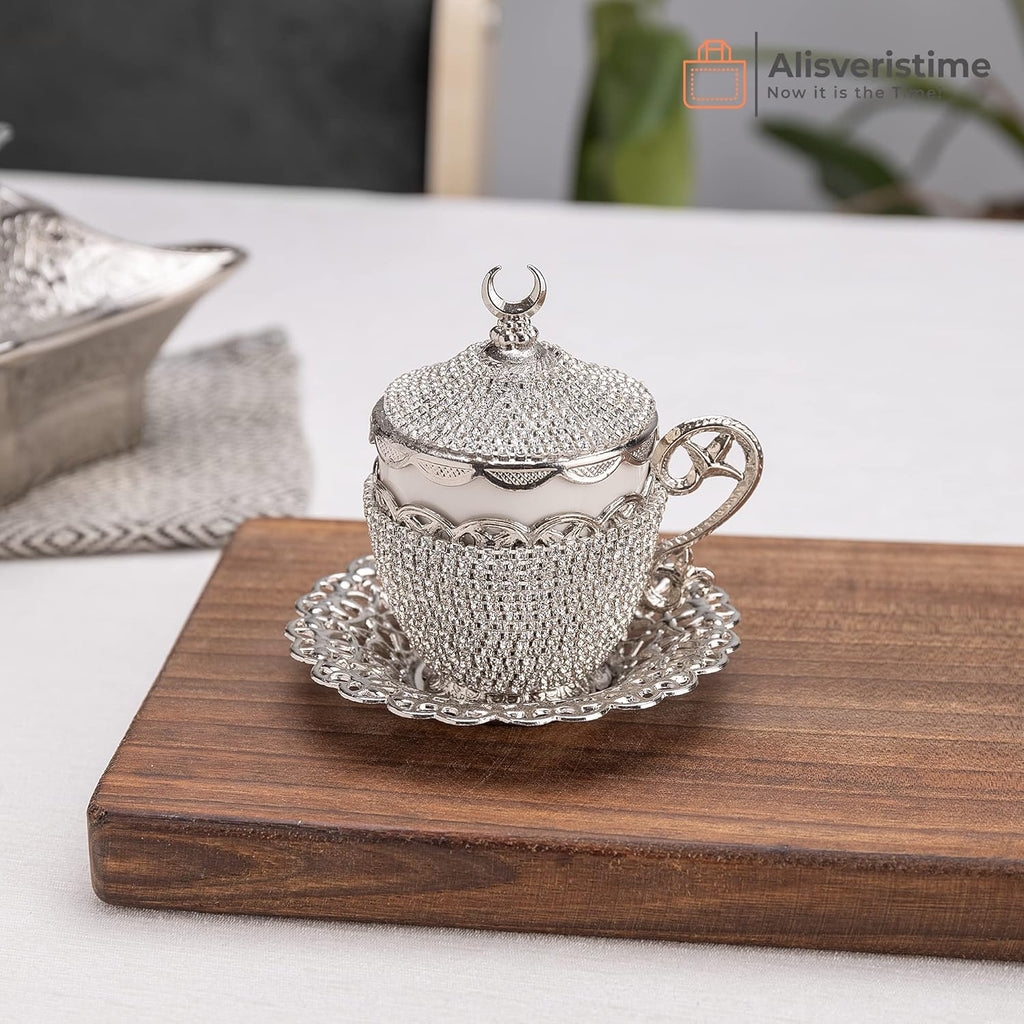 Alisveristime 27 Pc Ottoman Turkish Greek Arabic Coffee Espresso Serving Cup Saucer Crystal Set (Gelincik) - Handcrafted Traditional Set with Hilal Motifs (Silver)