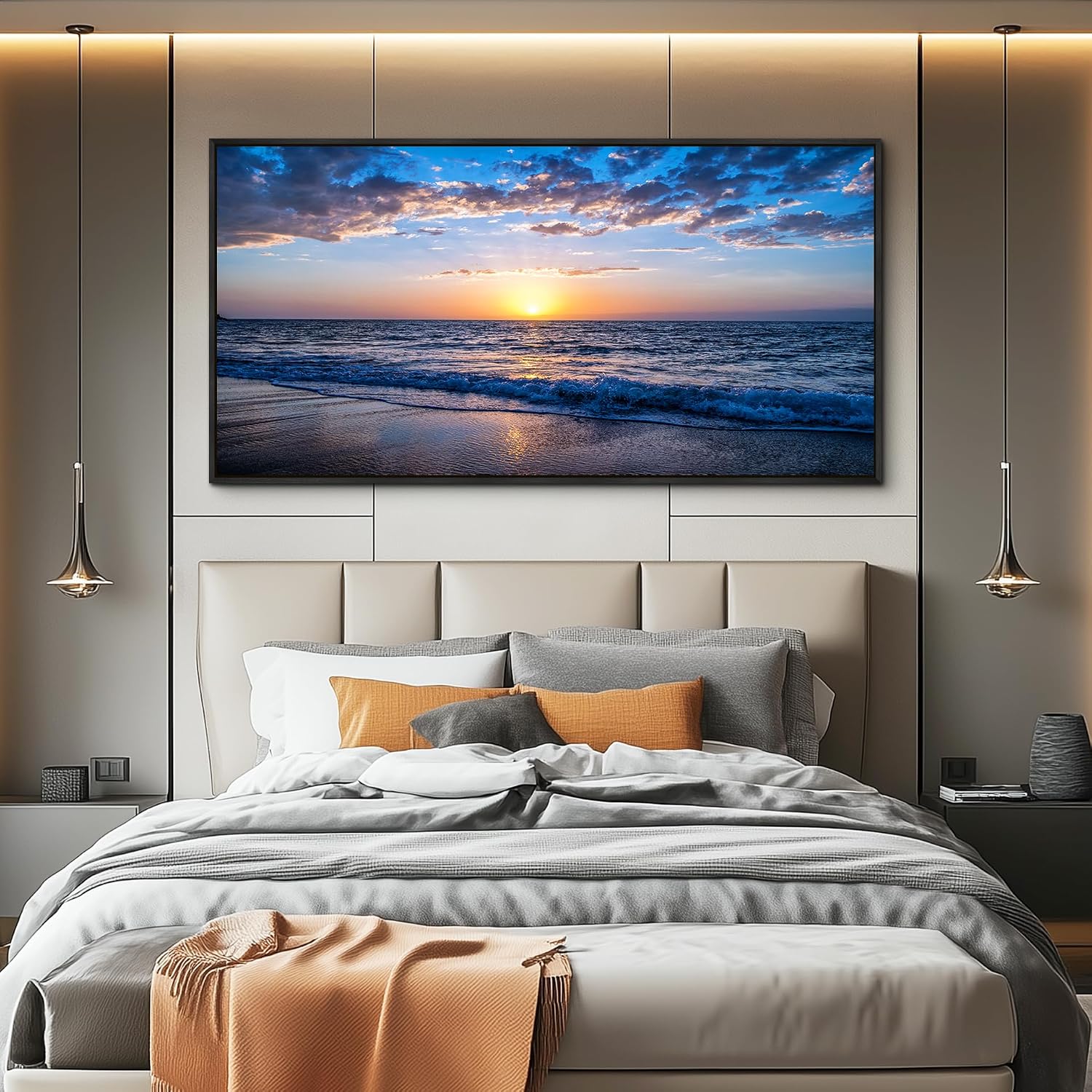 Blue Ocean Framed Wall Decor Living Room Large Size Canvas Wall Art For Bedroom Boho Home Decor Sea Beach Canvas Pictures Artwork Sunny Sea View Painting Office Wall Decorations Black Framed 30' X 60'