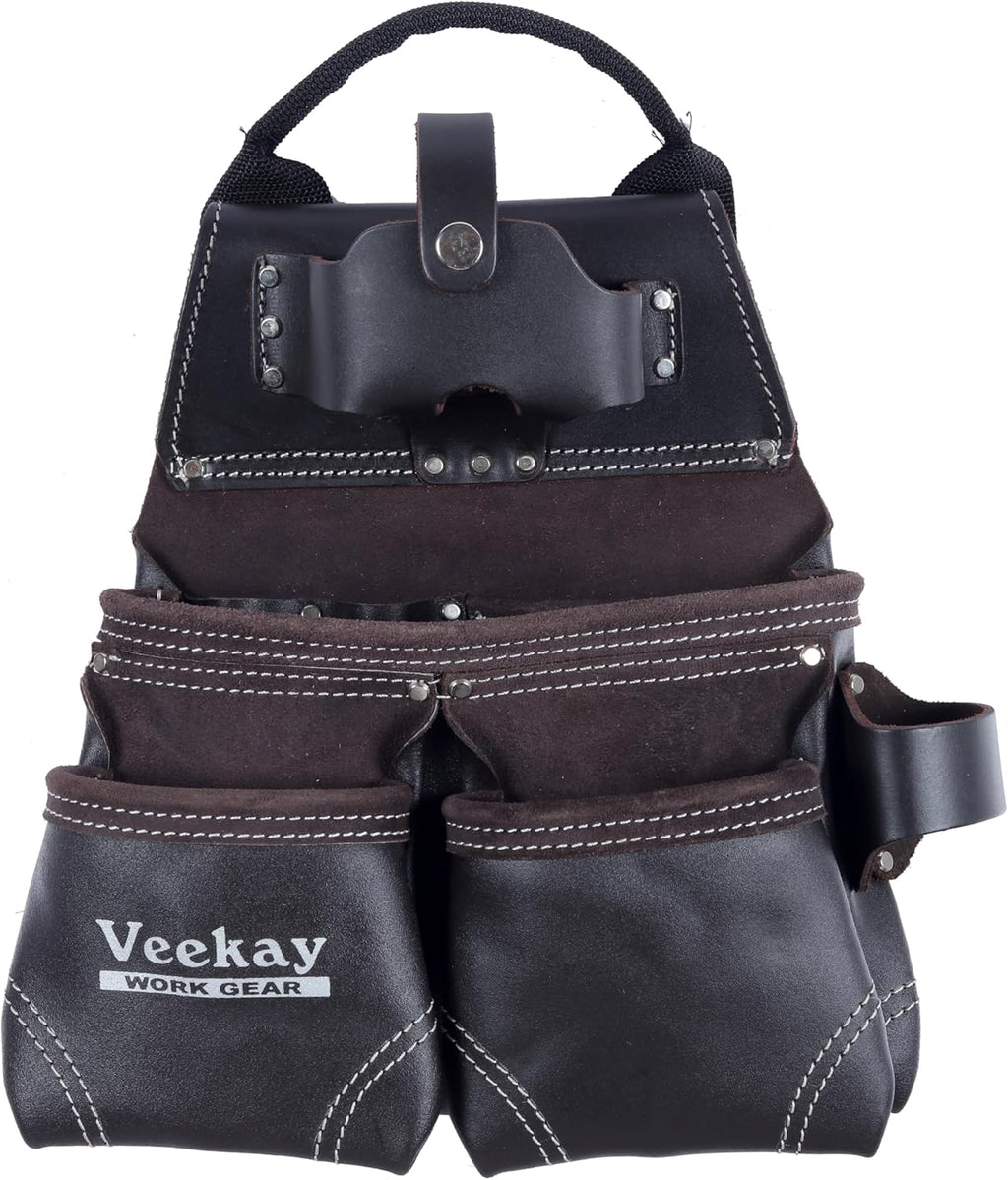 VEEKAY Men's Leather work Belt Oil Tanned Heavy Duty 3 Inch Wide Tool Belt with Rig 22 Pocket Tool pouch bag Brown for Carpenter, Construction, Framers, Handyman, Electrician Fits for 30' to 56' Waist
