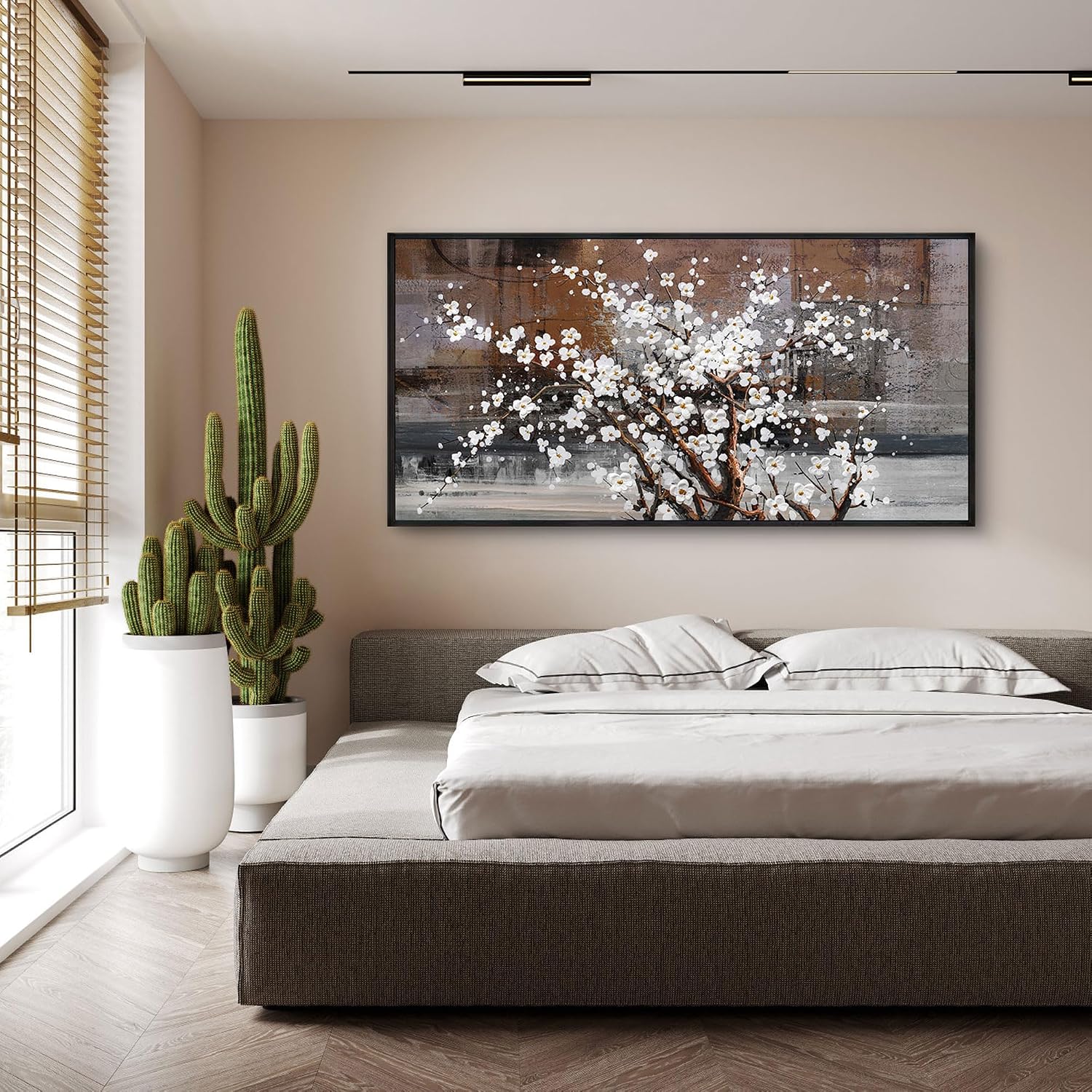 KLAKLA Wall Art for Living Room - White Plum Blossom Brown Trunk Natural Landscape Wall Decor Framed Picture Artwork for Wall Modern Paingings Extra Large Wall Art