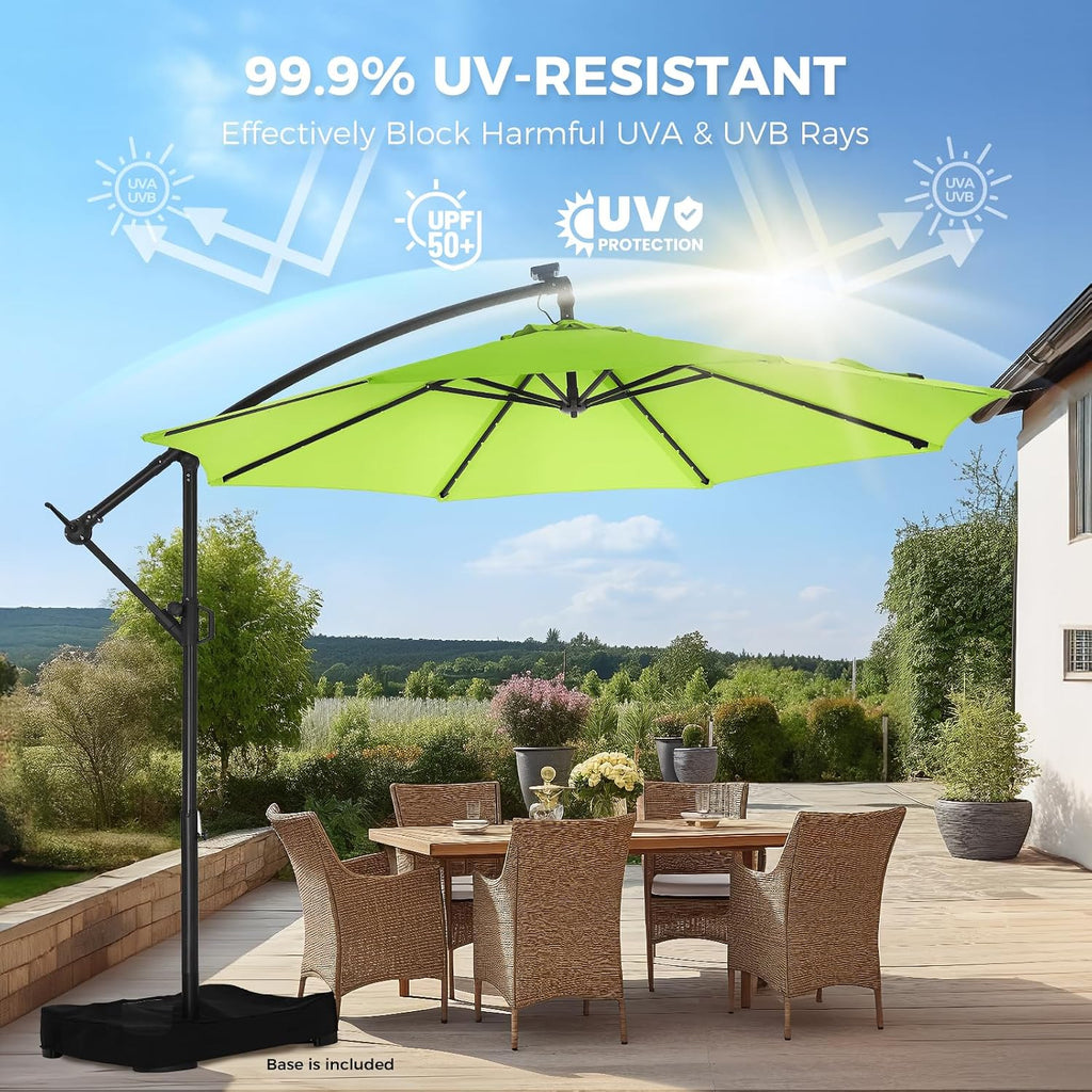 HOMSHADE 10ft Solar Lights Offset Cantilever Patio Umbrella - with Light and Base, LED Lighted Offset Hanging Patio Outdoor Market Umbrella UPF50+ UV Protection with Easy Tilt and Crank (Apple Green)