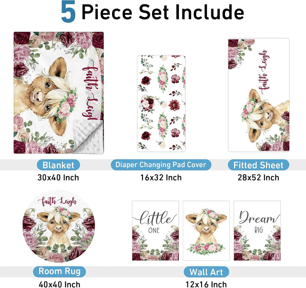 Dyoart Personalized Crib Bedding Set - 5 Piece Custom Baby Crib Set with Name, Double Layer Nursery Bedding Set for Girls, Highland Cow Baby Bedding Set, Gift for Toddler Infant New Parents