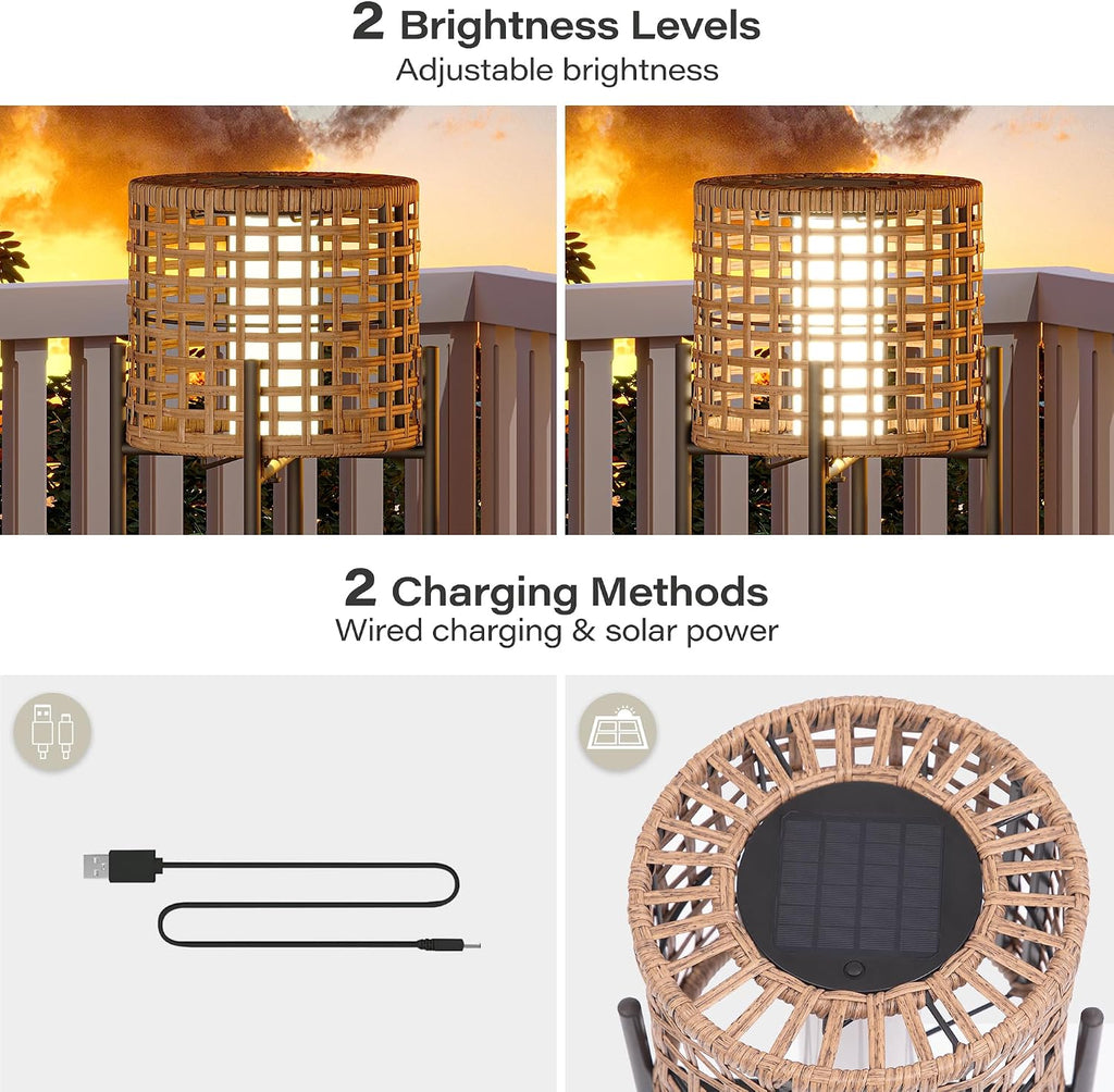 LAUSAINT HOME Solar Powered Outdoor Floor Lamp with Auto On/Off LED Light, Waterproof Wicker Patio Floor Lights, Boho Rattan Floor Lantern (1 Floor Lamp & 2 Desk Lamp)