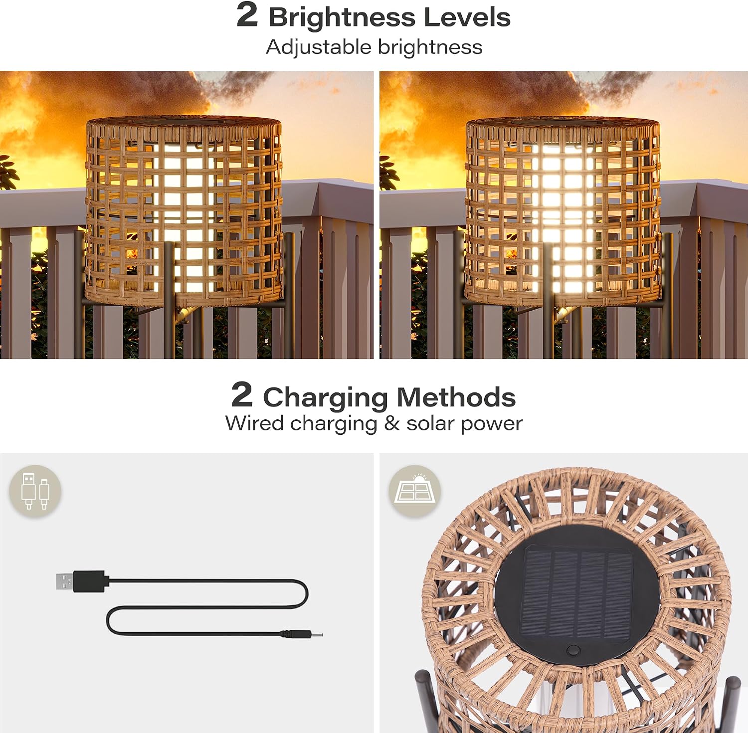 LAUSAINT HOME Solar Powered Outdoor Floor Lamp with Auto On/Off LED Light, Waterproof Wicker Patio Floor Lights, Boho Rattan Floor Lantern (1 Floor Lamp & 2 Desk Lamp)