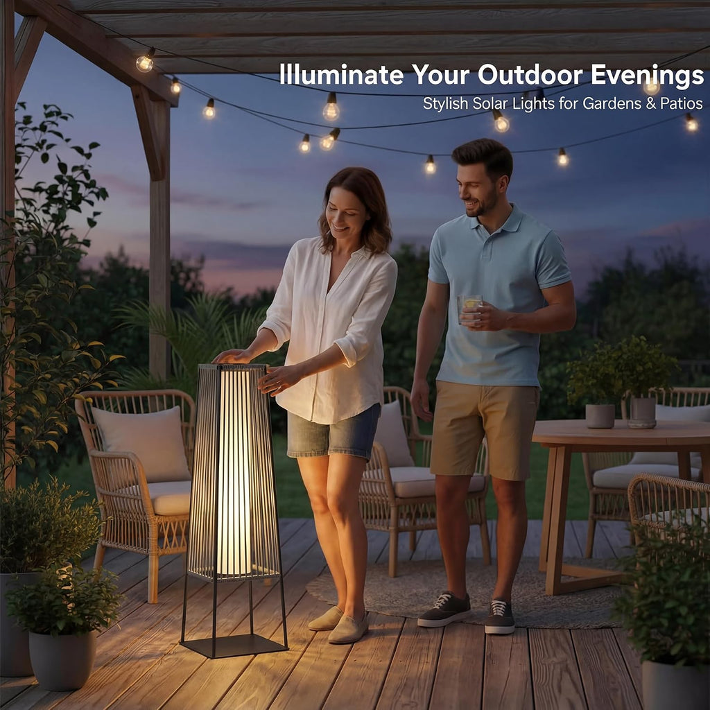 Outdoor Floor Lamp Set of 2, Rattan Solar Lanterns Outdoor Waterproof for Balcony, Deck, Garden & Patio (Gray)