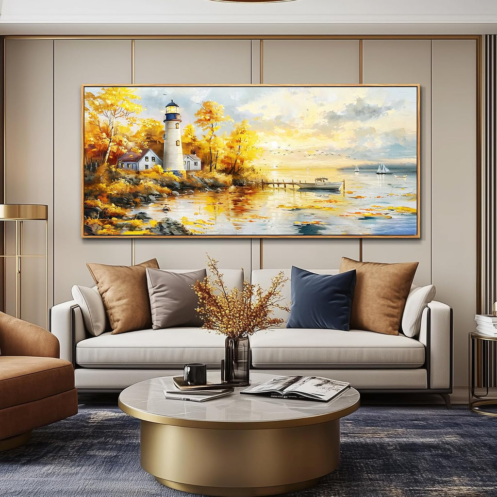 XIGUANGART Extra Large Wall Art for Living Room Modern Framed Coastal Beachy Canvas Wall Art Big Floral Sunrise Yellow Wall Picture Lighthouse Nature Sunset Artwork for Office Bedroom Decor 32x72 In