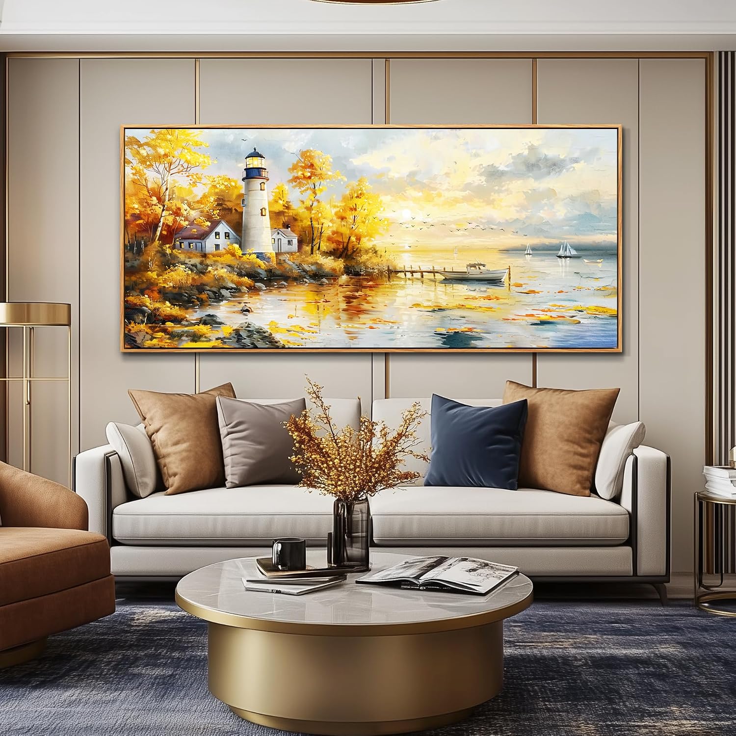 XIGUANGART Extra Large Wall Art for Living Room Modern Framed Coastal Beachy Canvas Wall Art Big Floral Sunrise Yellow Wall Picture Lighthouse Nature Sunset Artwork for Office Bedroom Decor 32x72 In