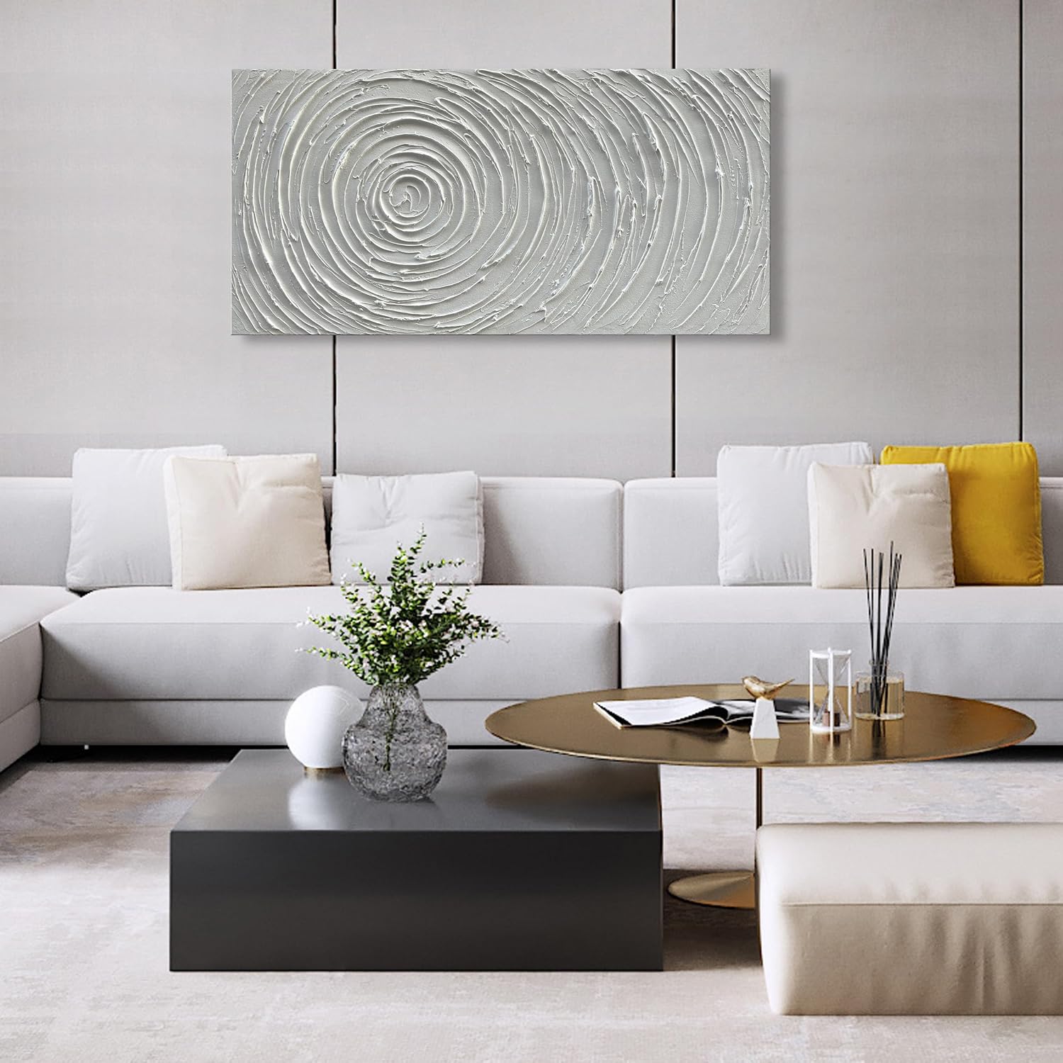 Hand-Painted White Textured Abstract Art Oil Painting Contemporary Minimalist Art Painting Living Room Bedroom Wall Decoration 24x48 inches