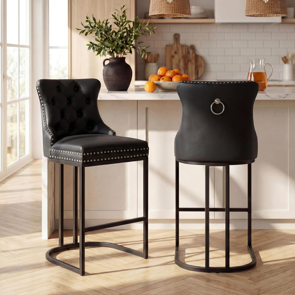 AQO 26 Inch Bar Stools Set of 2, Modern Counter Height Bar Stools with Backs, Upholstered Faux Leather Counter Stools for Kitchen Island, Black