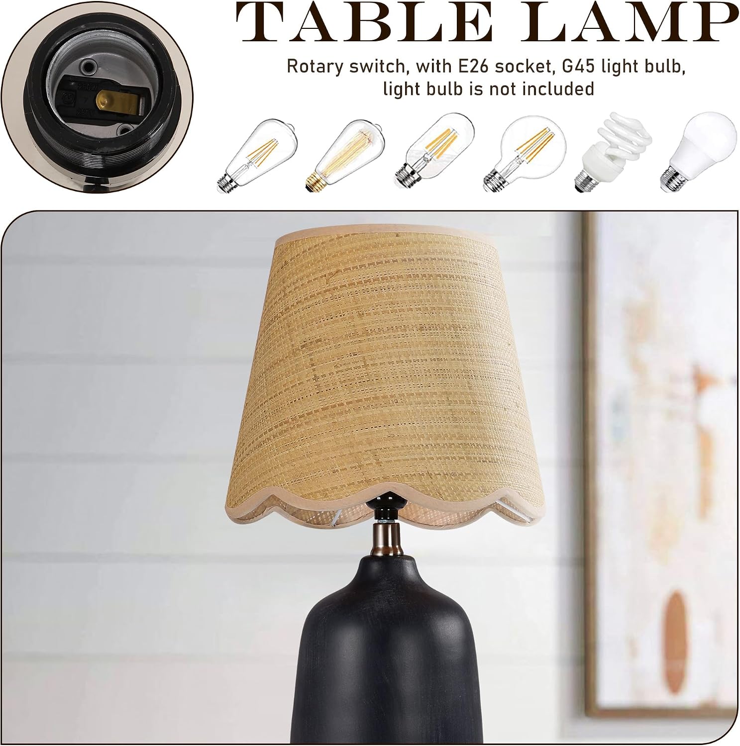 19' Boho Ceramic Table Lamp Set of 2, Handmade Ceramic Base with Rattan Shade, Farmhouse Plug-in Bedside Nightstand Lamps for Bedroom, Living Room, E26 Socket, Black