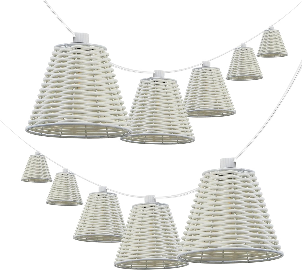 JONATHAN Y 10' White 10-Light Indoor/Outdoor LED String Lights for Patio, Classic Cottage Faux-Rattan Shaded Hanging Lights for Balcony, Deck, Coastal Decor (JYL8706B)