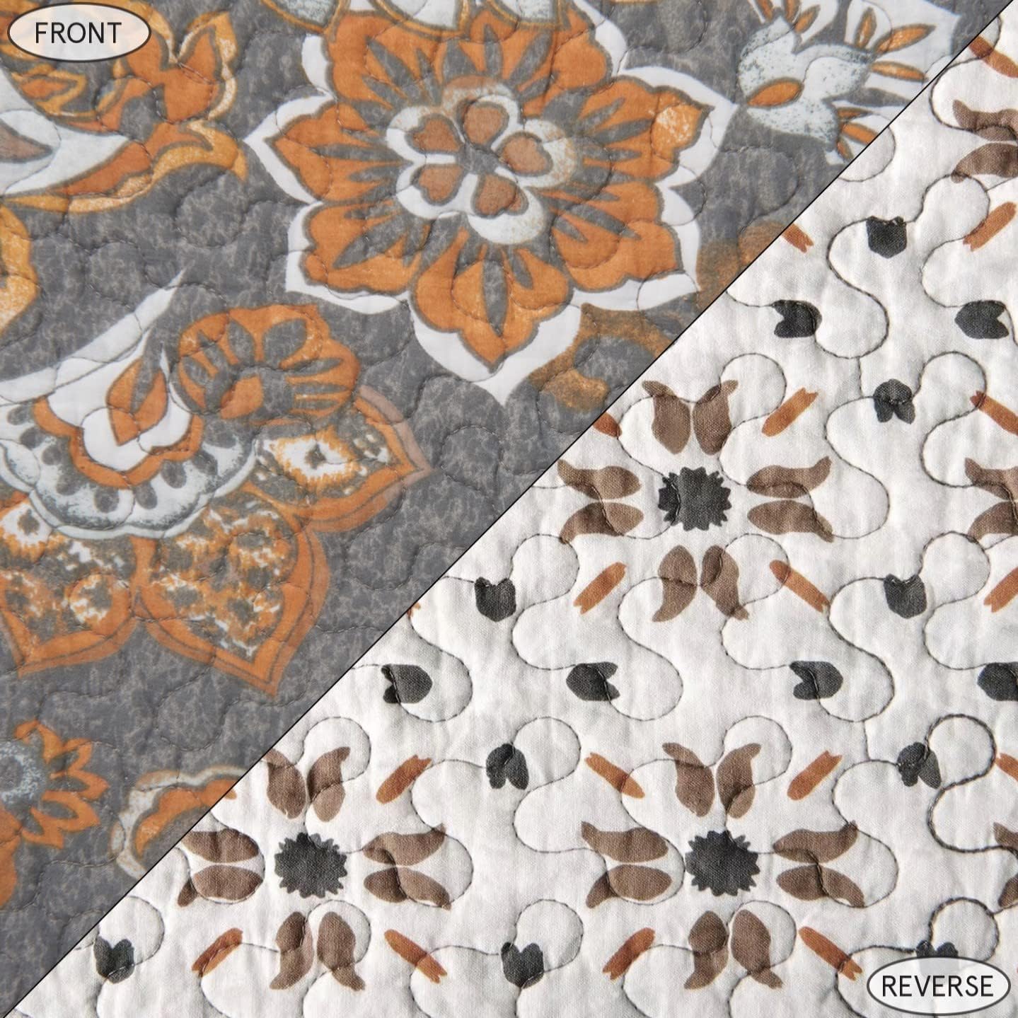 Paseo Road Abbie 3 Piece Quilt Set with Pillow Shams, Gray, King Size, Cotton Reversible Bed Set, Western Floral Farmhouse Style Bedding Set, 1 Quilt and 2 Pillow Cases