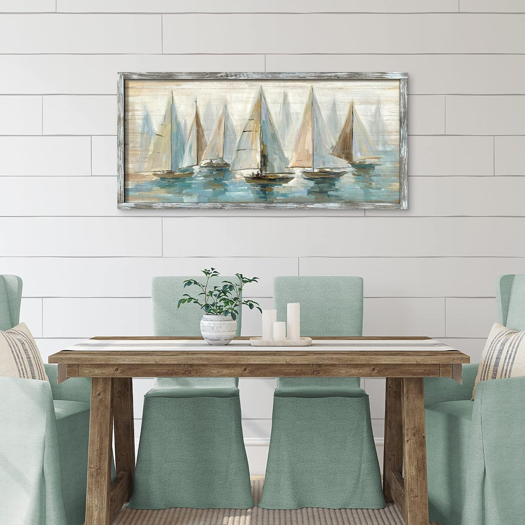 Ocean Pictures Wall Art Framed: Beach Seaside Artwork Coastal Sailboat Art on Wooden Seascape Painting for Living Room(60x30)