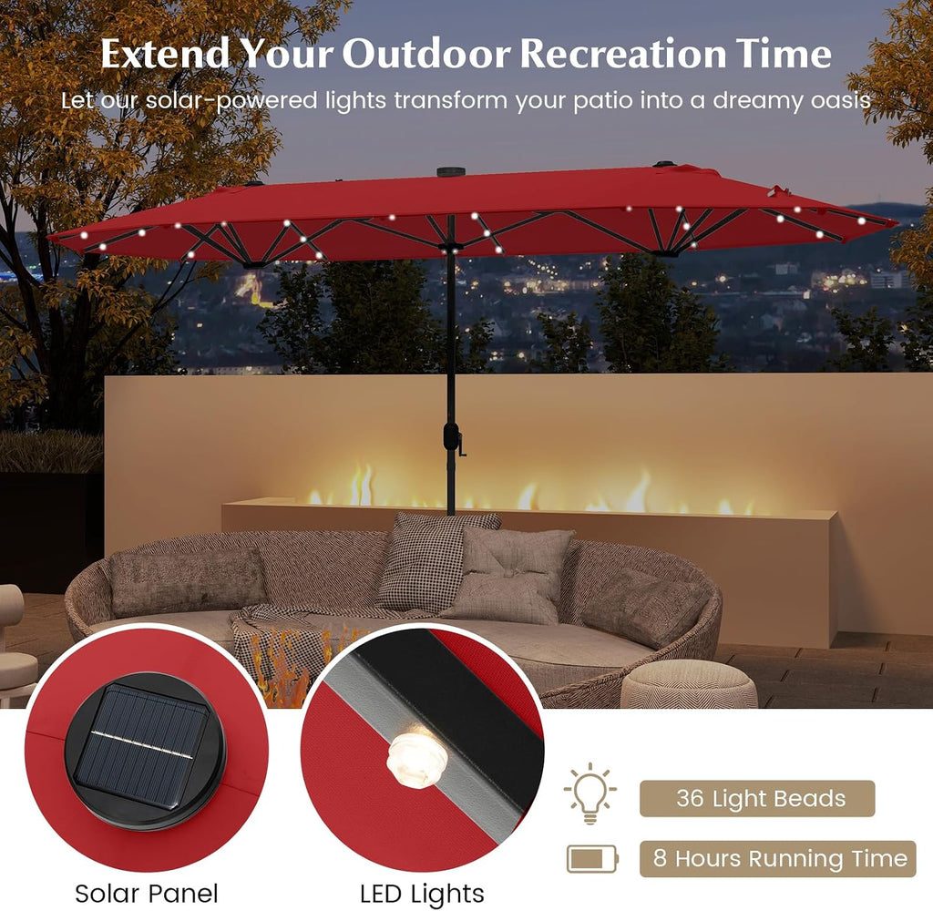 Tangkula 13FT Double-Sided Solar Patio Umbrella, Extra-Large Outdoor Twin Umbrella with 36 LED Lights, Vented Top, Crank Handle, 12 Ribs, Weighted Base Included for Backyard Poolside Deck (Wine)