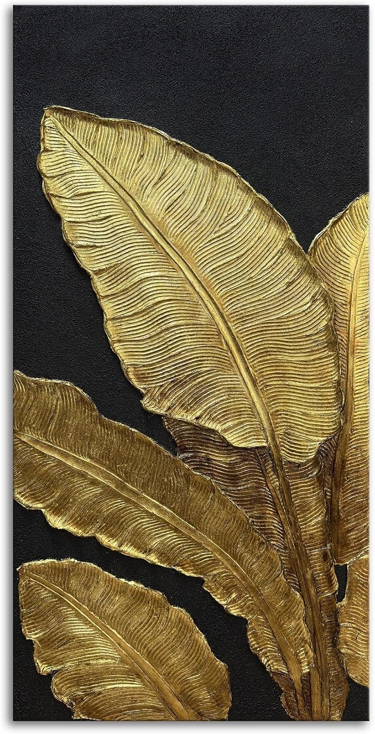 Slyart 100% Hand-Painted 3D Black and Gold Textured Wall Art, Modern Gold Banana Leaf Oil Paintings on Canvas Wall Decor