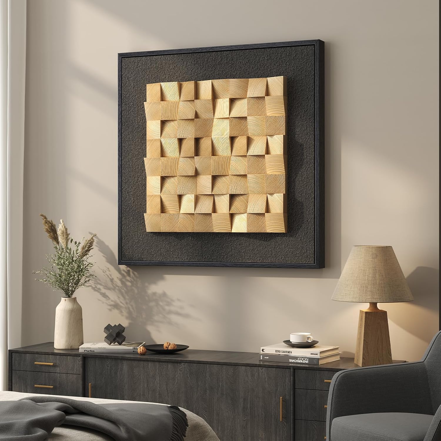Framed 3D Textured Wood Wall Art, Modern Minimalist Nature Wood Geometric Artwork for Walls, Contemporary Rustic Black Sandstone Painting Wall Decor for Living Room, Bedroom, Kitchen, Office, 28x28