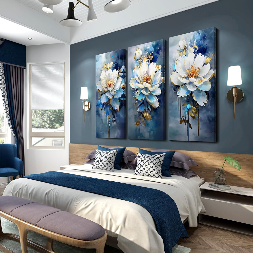 AJAZIKO Navy Blue Wall Art - Modern Abstract Flower Canvas Art - 3 Piece Set - 20x40IN - For Living Room & Bedroom