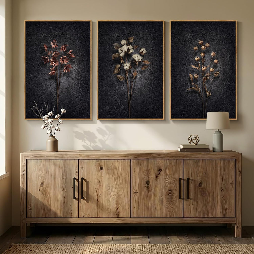 3 Piece Framed Vintage Botanical Wall Art for Living Room, Large Black Retro Floral Canvas Artwork for Walls, Dark Moody Flower Picture Prints Paintings for Kitchen Hallway Wall Decor, 24x36 Inch