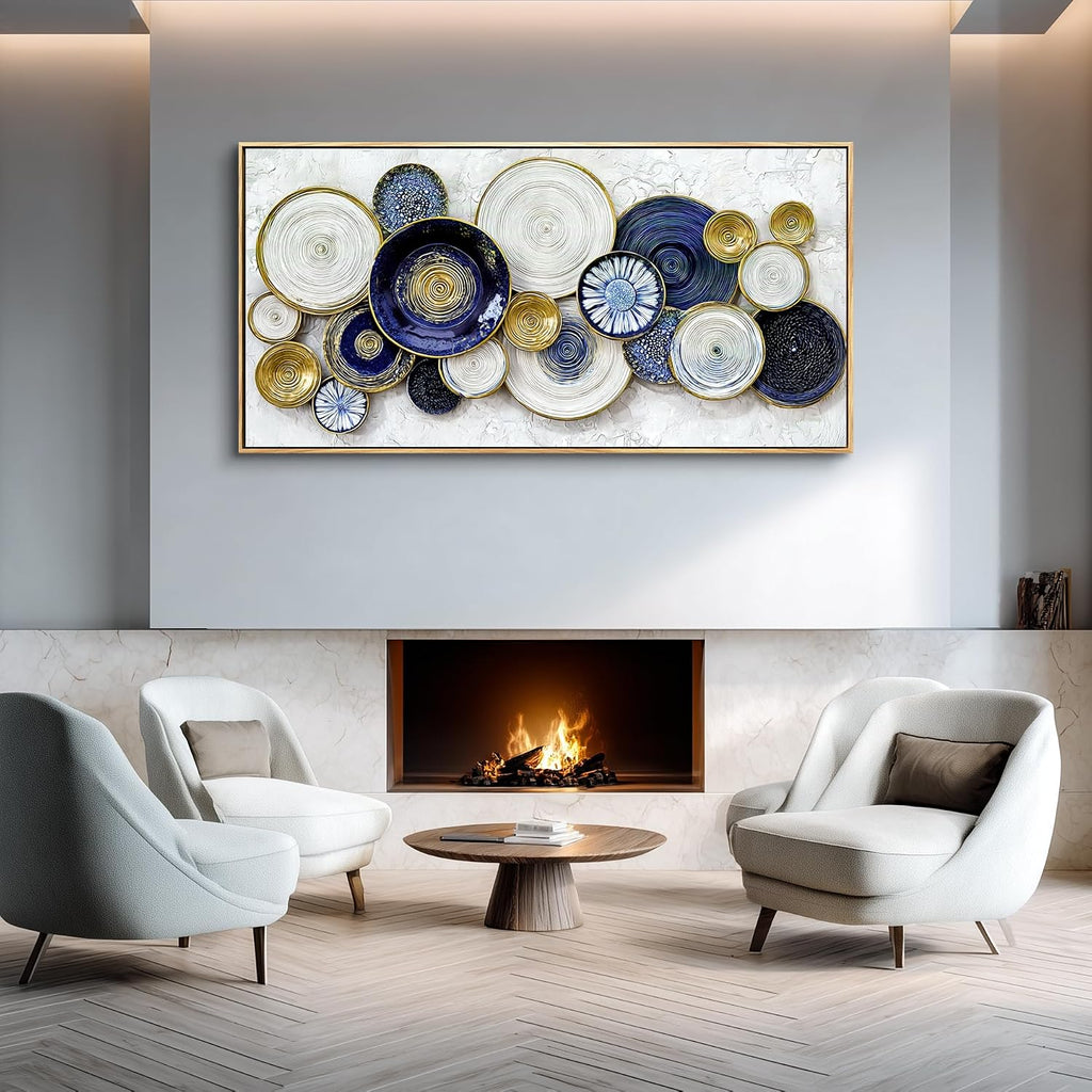 JUDASJART Canvas Wall Art For Living Room Large Wall Decor For Office Bedroom Decorations Blue Swirl Gold Trim Landscape Pictures Abstract Painting Artwork Room Wall Mural Aesthetic Home Decor 30x60 In