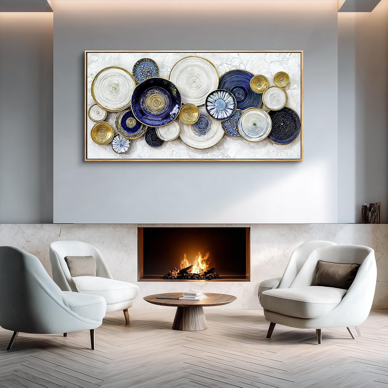 JUDASJART Canvas Wall Art For Living Room Large Wall Decor For Office Bedroom Decorations Blue Swirl Gold Trim Landscape Pictures Abstract Painting Artwork Room Wall Mural Aesthetic Home Decor 30x60 In