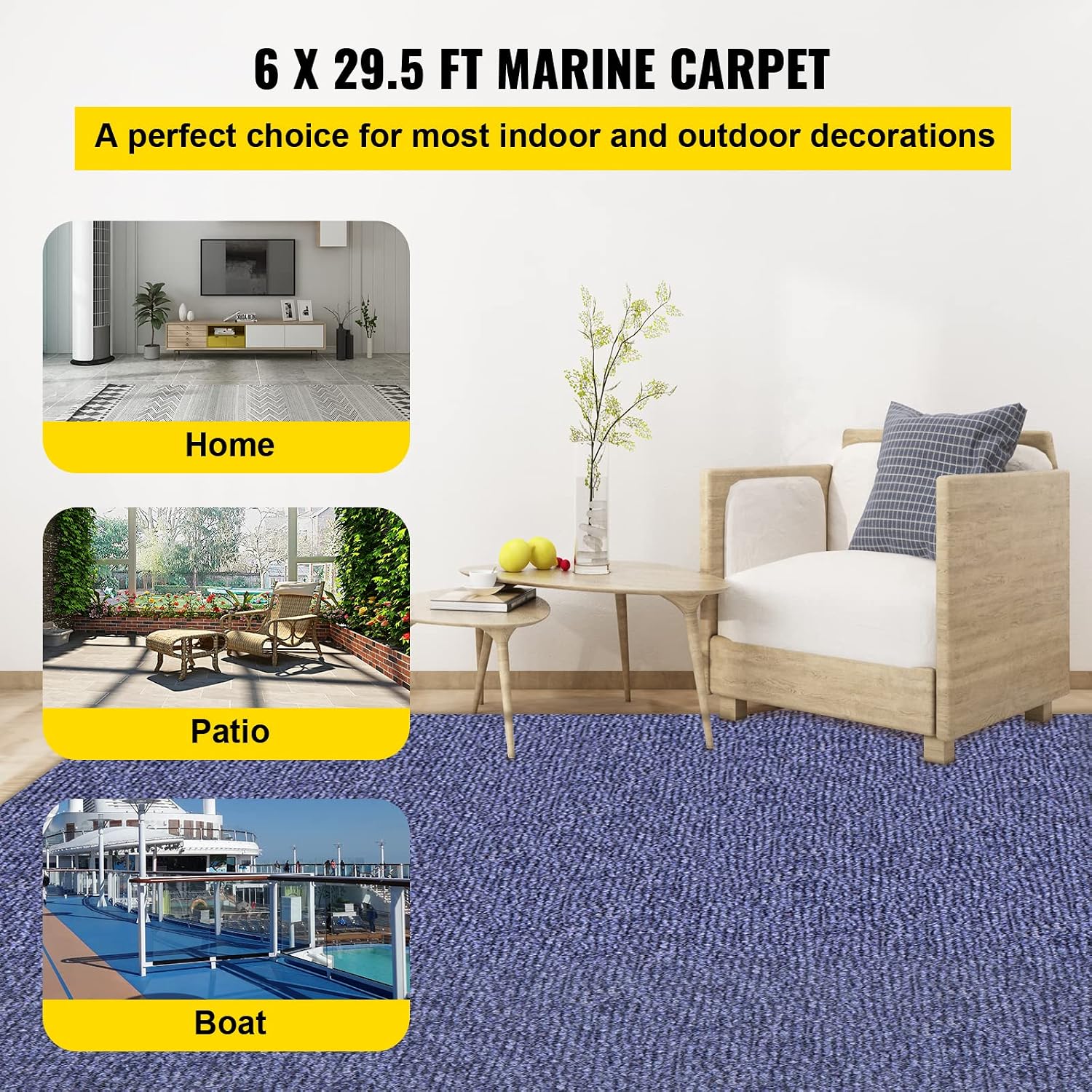 Happybuy 6 ft x 29.5 ft Deep Blue Marine Carpet for Boats Waterproof - 0.18' Thick Indoor Outdoor Rug Carpet Roll for Home Patio Porch Deck