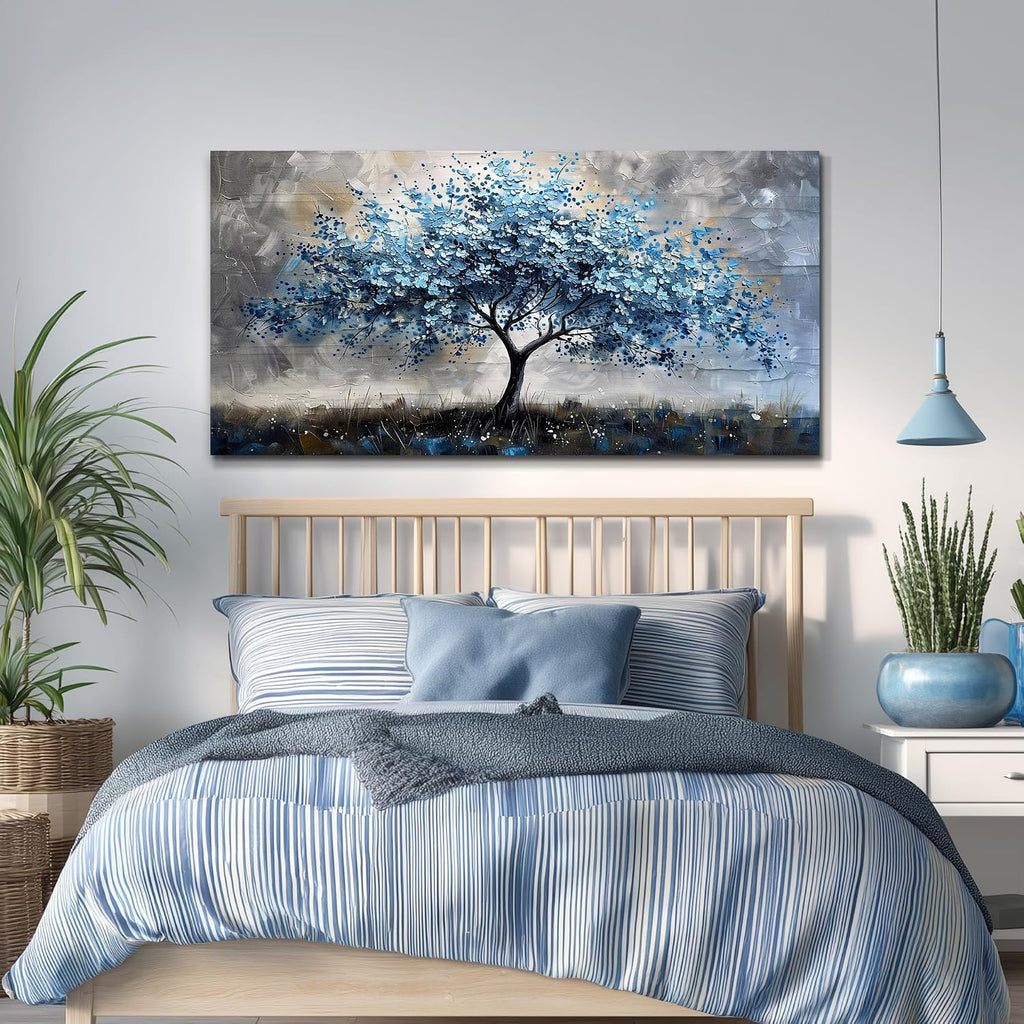 MHARTK66 Farmhouse Wall Art For Bedroom Large Canvas Wall Decor For Living Room Blue Tree Landscape Wall Pictures Artwork Stretched and Framed Canvas Paintings Ready to Hang for Office Home Decor