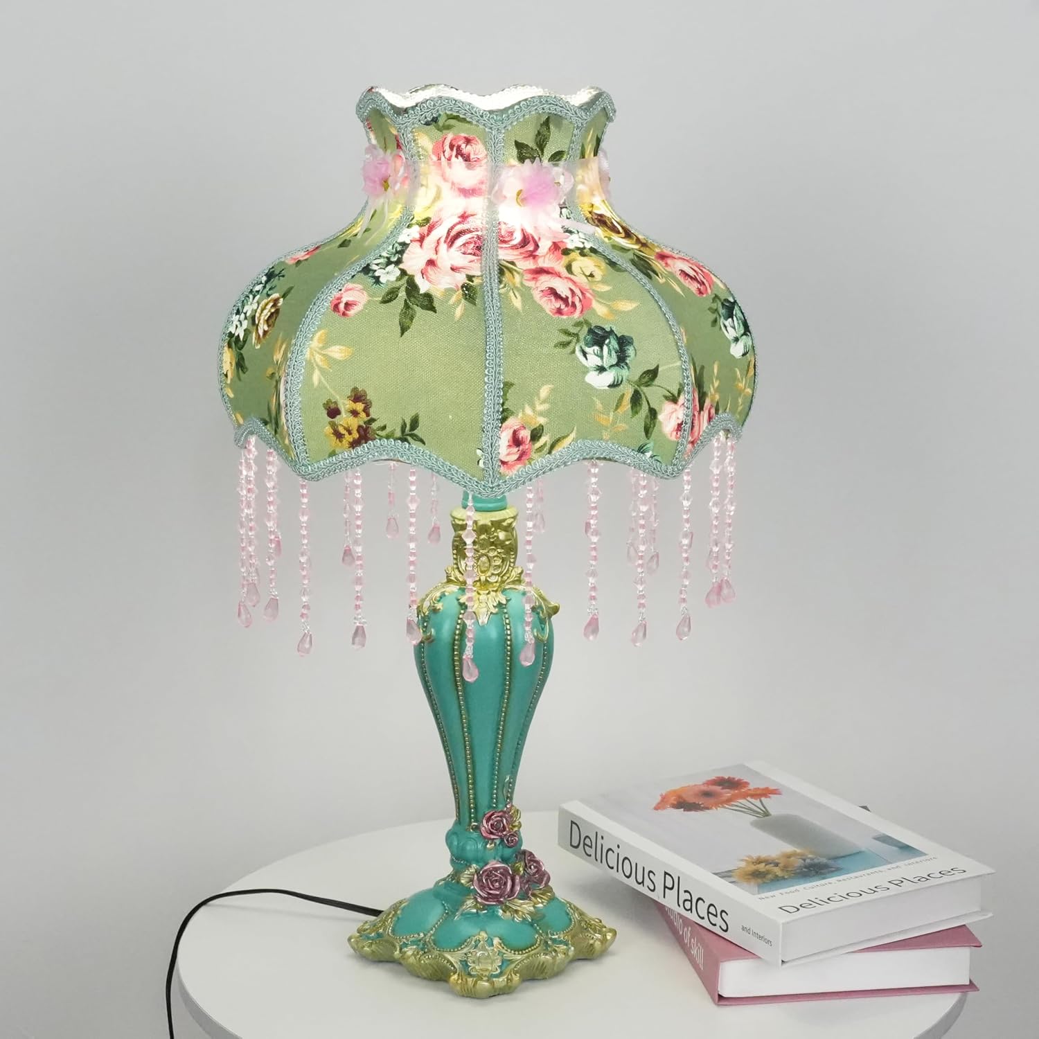 Lovely Table Lamp with Fabric Lampshade, Antique Flower Decorative Bedside Desk Lamp, Handmade Night Light for Bedroom Nightstand (Green)