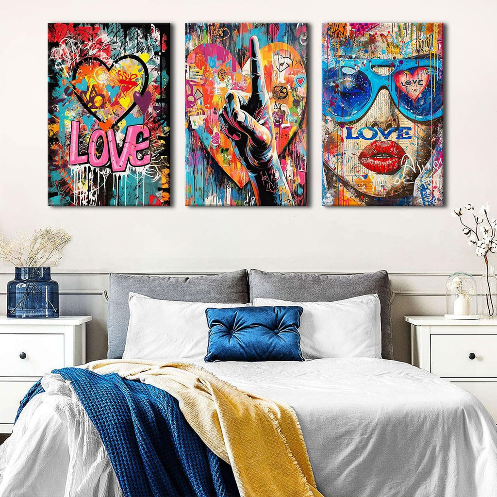 Banksy Art Wall Decor Cool Street Graffiti Canvas Wall Art Abstract Artist Love Gesture Posters Print Artwork Colorful Giclee Framed Artwork for Mens Bedroom Trendy Player Home Decoration 24x36 3 Pcs