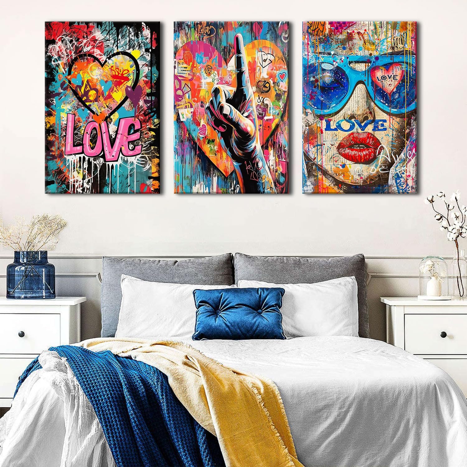 Banksy Art Wall Decor Cool Street Graffiti Canvas Wall Art Abstract Artist Love Gesture Posters Print Artwork Colorful Giclee Framed Artwork for Mens Bedroom Trendy Player Home Decoration 24x36 3 Pcs