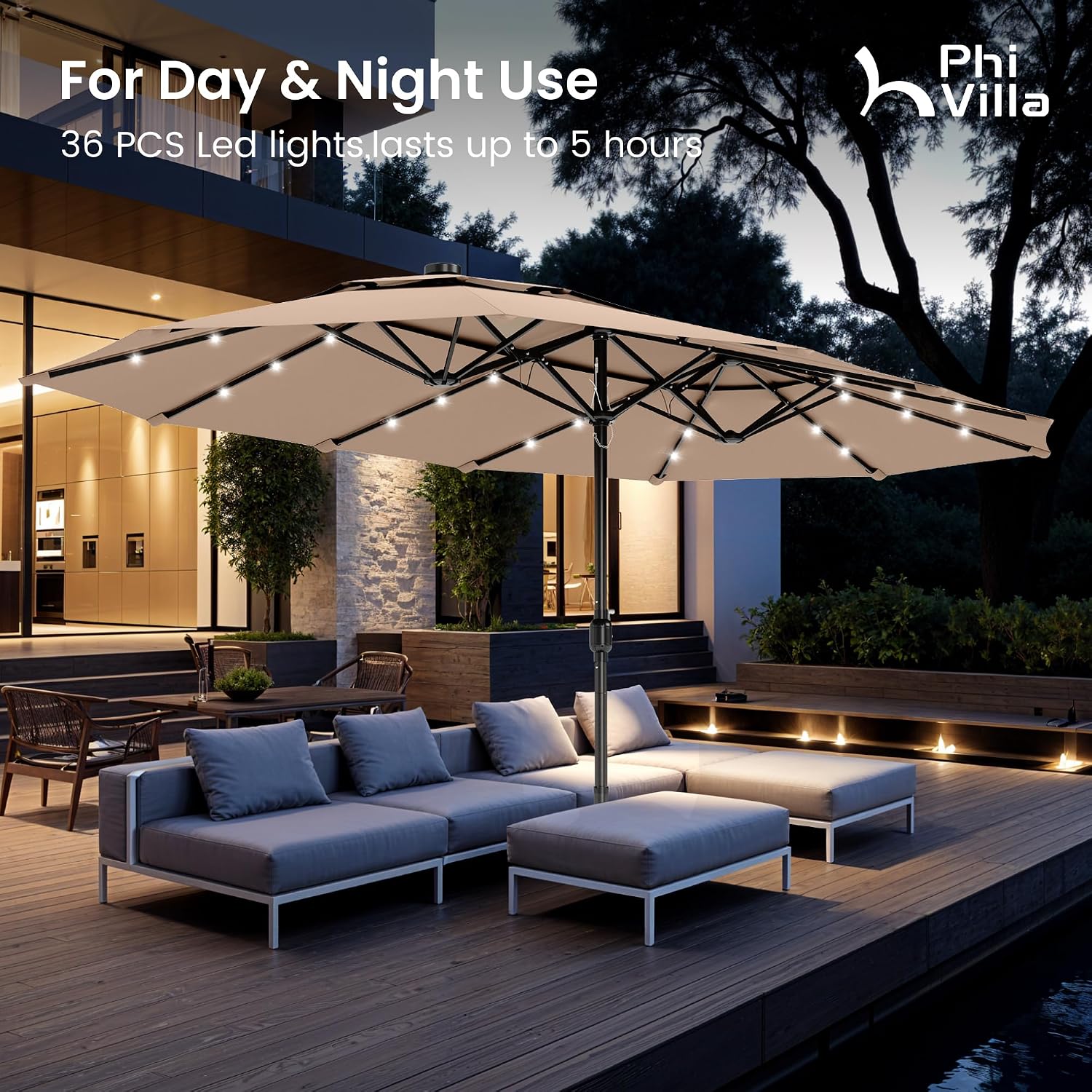 PHI VILLA 15ft 2-Tier Large Patio Umbrella with Solar Lights, Double-Sided Outdoor Market Rectangle Umbrellas with 36 LED Lights, Umbrella Base (Stand) Included, Beige