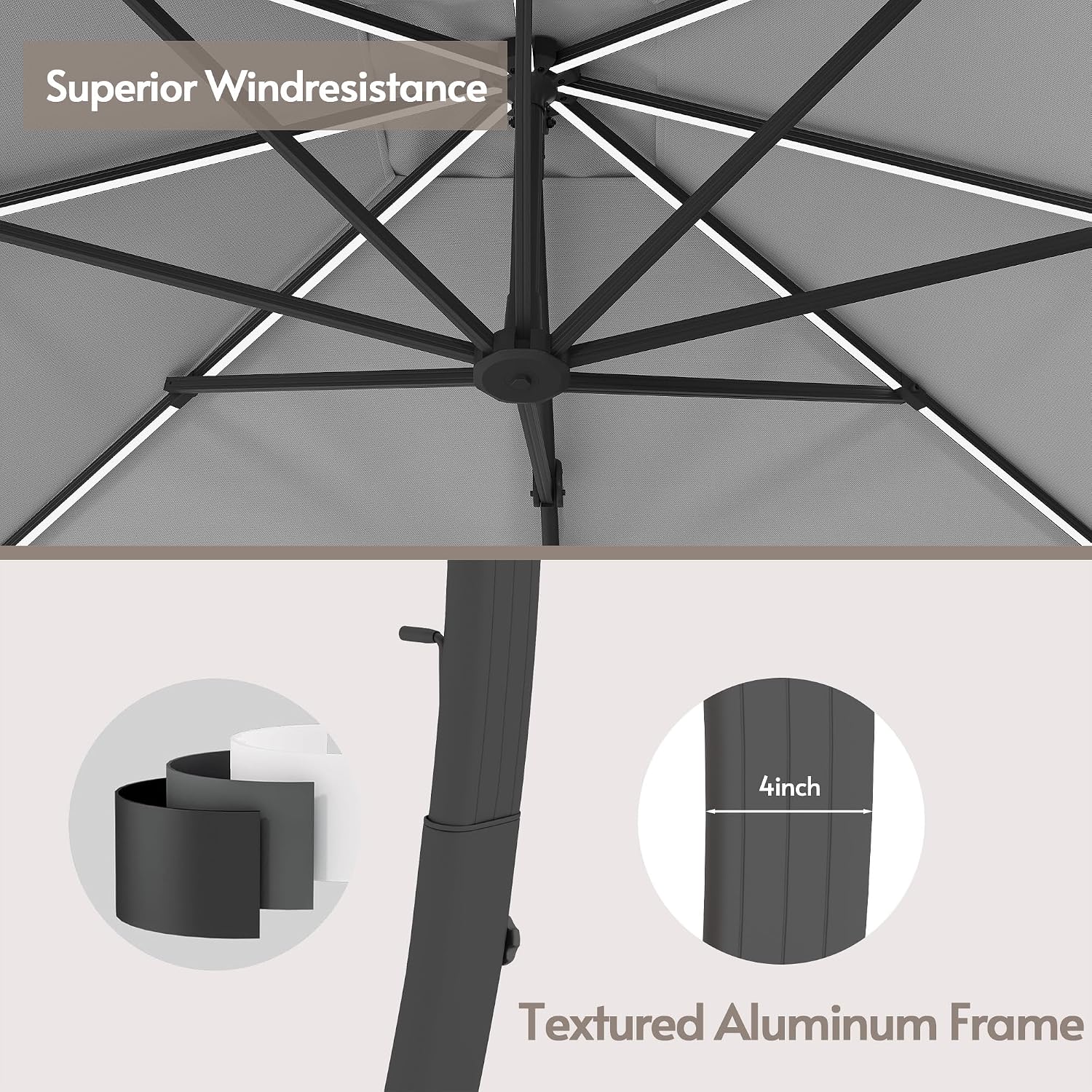 ENSTVER 11x11ft Large Cantilever Umbrella With Base Included & Solar Powered Led Lights, Deluxe Curvy All-Aluminum Rectangular Patio Umbrella For Deck, Pool And Backyard (Grey)