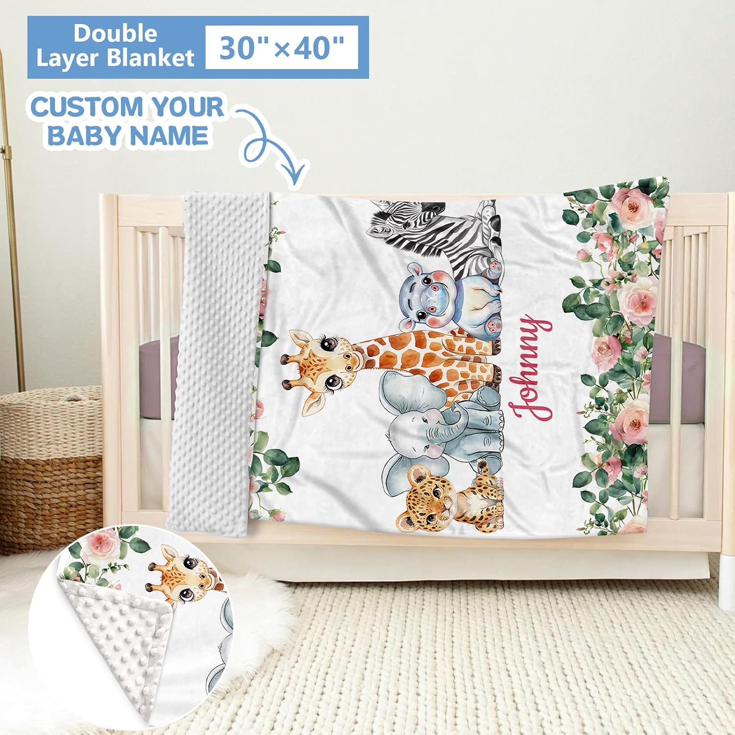 KAINSY Custom 5-Piece Baby Crib Bedding Set, Personalized Name for Kid Toddler, Animal Nursery for Boy Girl, Double Layer, Customized Gift for Infant