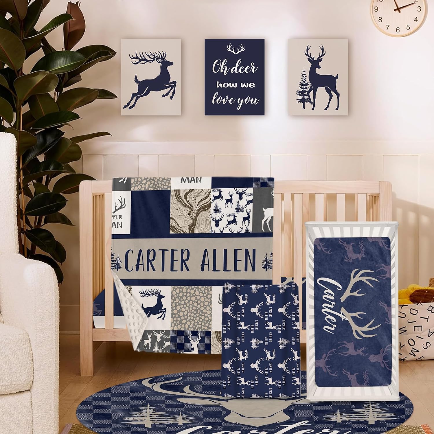 TOOTANN Custom Baby Crib Bedding Set, 5 Pcs Personalized Name Baby Crib Sheets for Kid Toddler Infant, Dark Blue Reindeer Silhouette Nursery Bedding Set