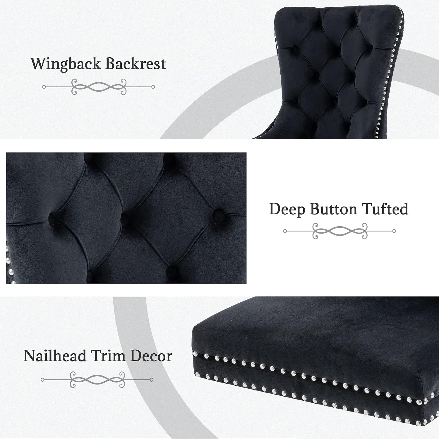 civama Dining Chairs Set of 2, Elegant Luxury Velvet Tufted Dining Chairs Silver Legs & Nailhead Trim, Back Lion Head Pull Ring & Rhomboid Pattern, Nikki Collection Armless Kitchen Chair, Black